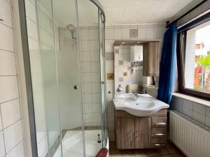 a bathroom with a sink and a shower at Ferienwohnungen Rolinski in Lietzow +146 photos