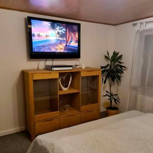 a television on a wooden stand in a bedroom at Den gamle skole in Bylderup-Bov