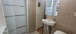 a bathroom with a toilet and a sink and a shower at Studio Petit Battant Wifi Supercentre Très calme in Besançon