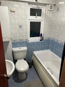 a bathroom with a toilet and a tub and a sink at 29 ansell road sw17 in London