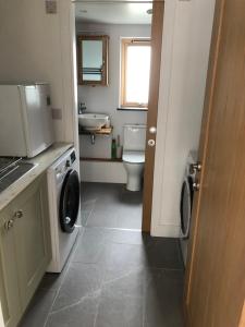 a bathroom with a toilet and a sink and a washing machine at Apple Tree Barn - converted barn with meadow views in Helston