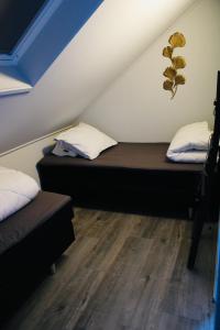 two twin beds in a room with a blue ceiling at Prachtige vakantievilla aan IJsselmeer Makkum in Makkum