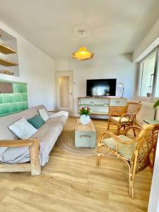 een woonkamer met een bank en een tv bij Maison individuelle 100 m2, jardin et parking privé in Colmar