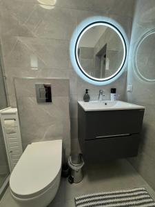 Un baño con inodoro, lavabo y espejo. en Ely`s Place, en Sibiu 22 fotos más