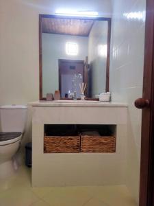 y baño con lavabo, espejo y aseo. en Stone house (Каменната къща) en Leshten