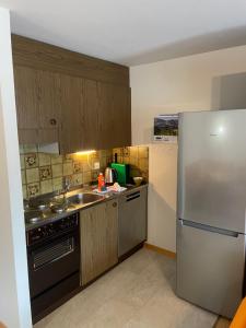 La cuisine est équipée d'un réfrigérateur en acier inoxydable et d'un évier. dans l'établissement Montanji 11, à Loèche-les-Bains