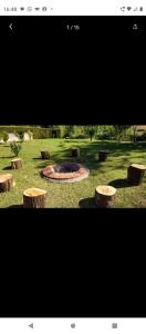 a group of logs and a fire pit in a field at Chalé São Benedito I in Santo Antônio do Pinhal