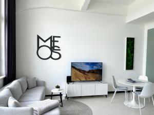 - un salon avec un canapé et une télévision dans l'établissement MEOS 1 -Zentrum-Balkon-Parkplatz-Gym, à Leipzig