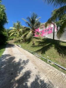 een onverharde weg met palmbomen en een roze huis bij studio AMOUR CACHE in Rivière-Pilote