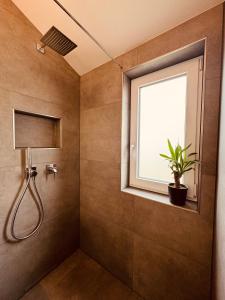 baño con ducha, ventana y planta en Apartment Ihm AI en Benningen
