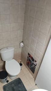 a bathroom with a toilet and a picture on the wall at Cozy Nights in Messini