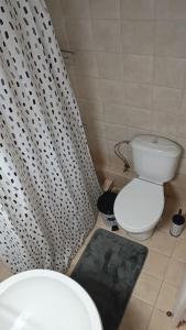 a bathroom with a toilet and a shower curtain at Cozy Nights in Messini