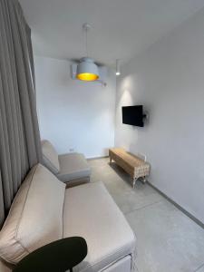 - un salon avec un canapé et une télévision dans l'établissement צימר אירוס ירוחם, à Yeruham