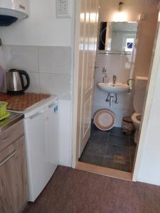 a small bathroom with a sink and a toilet at Petkovic Apartmani 2 in Tivat