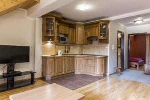 a kitchen with wooden cabinets and a flat screen tv at Apartament Giewont in Kościelisko