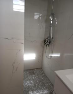 une salle de bain avec une douche avec une porte vitrée dans l'établissement Pa ni problème, à Saint-François