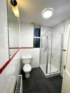 a bathroom with a toilet and a shower at Mount nod rooms in London