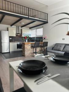 Apartment Štucin في فيبافا: مطبخ وغرفة معيشة مع طاولة عليها لوحات