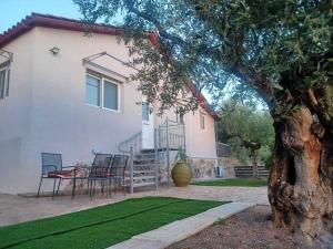 a house with a table and chairs in the yard at ΚΤΗΜΑ ΠΑΥΛΟΜΠΕΗ OLIVE & SEA in Almirón