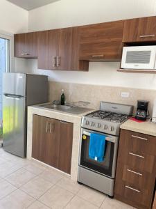 a kitchen with a stove and a stainless steel refrigerator at Tiny house Santa Ana in Santa Ana +9 photos
