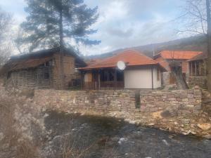 a house with a stone wall next to a river at Vila Panic in Pirot