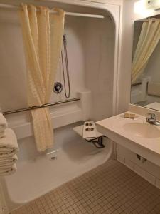 ein Badezimmer mit einer Badewanne, einem Waschbecken und einem Spiegel in der Unterkunft Crossroads Hotel 