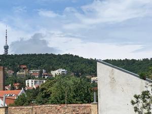 Blick auf eine Stadt mit einem Turm im Hintergrund in der Unterkunft City Hotel Agoston in Pécs