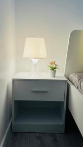 un comodino con una lampada e una pianta sopra di Nid Confort - 2 pas à la place de Jaude a Clermont-Ferrand