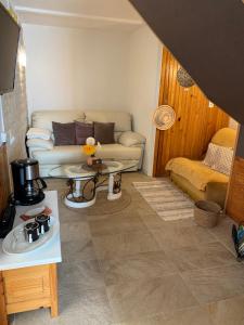 een woonkamer met een bank en een tafel bij ila’s tiny house in Limoges