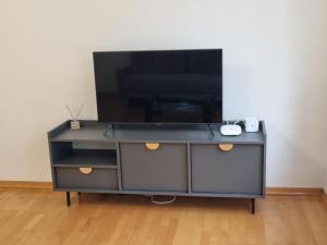 un centro di intrattenimento nero con TV a schermo piatto di Elegant Vienna Apartment a Vienna