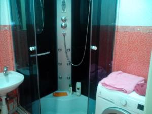 a bathroom with a shower and a washing machine at Apartment Syrec in Kyiv