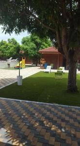 a park with a tree and a brick walk way at Resort Nabruni in Belas