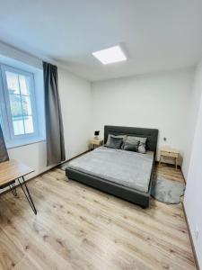 a bedroom with a bed and a desk and a window at Apartment Riviéra Centrum, private parking and smart check in in Banská Bystrica