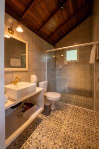 a bathroom with a sink and a toilet and a shower at Cabanas da Fazenda in Gramado
