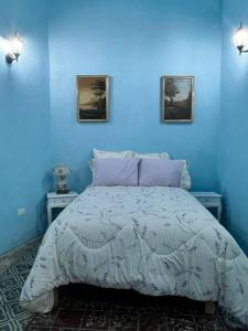 1 dormitorio azul con 1 cama y 2 mesitas de noche en Casona colonial en pleno centro histórico, en Zacatecas