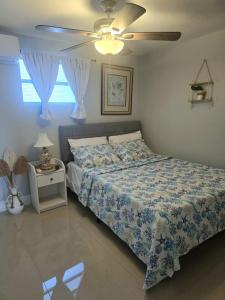 um quarto com uma cama e uma ventoinha de tecto em C & Y Guesthouse em Tampa