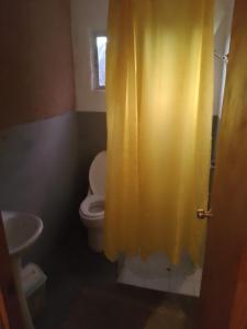 baño con aseo y cortina de ducha amarilla en Hermosa cabaña para 4 personas con tinaja-Cochiguaz Valle de Elqui, en Monte Grande