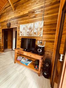 uma sala de estar com televisão numa parede de madeira em casa dos sonhos em Bom Jardim da Serra