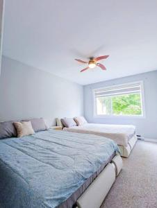 1 dormitorio con 2 camas y ventilador de techo en Portsmouth Village Retreat, en Kingston