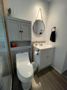 uma casa de banho com um WC, um lavatório e um espelho. em La Belle Nature em Saint Ludger de Milot
