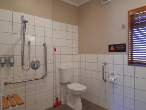 a bathroom with a toilet and a shower at Tongariro Junction Accommodation in Turangi