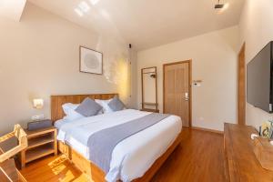 a bedroom with a large bed and a television at Hangzhou Xihu Yueshang Yunshe Boutique Hostel in Hangzhou