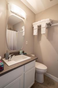 a bathroom with a sink and a toilet and a mirror at Crawford View in Kelowna