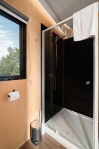 a bathroom with a shower with a glass door at Banyena Homestead 