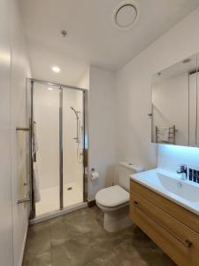 um banheiro com chuveiro, vaso sanitário e pia em Rare park view gem em Auckland