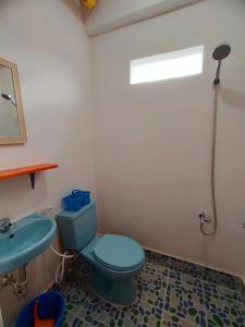 a bathroom with a blue toilet and a sink at Aunora Executive Room 