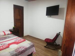 1 dormitorio con 1 cama, 1 silla y TV de pantalla plana en Encanto de agua, Jardin, en Jardín
