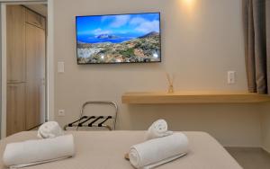 a room with two beds and a tv on the wall at Amorgos Delight in Aegiali
