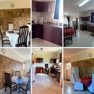 four different views of a kitchen and a living room at The Abode Apartments Lake view & Breakfast Suite Near Beach in Entebbe