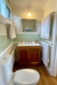 y baño con aseo blanco y lavamanos. en Maple Hill Cottage en Castle Forbes Bay